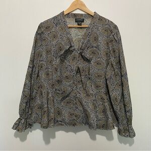 Ashro 18W Tie Neck Blouse Black White Yellow Geo Print Peplum Top Office Preppy